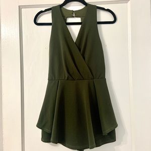 Olive green halter neck deep v romper with open back
